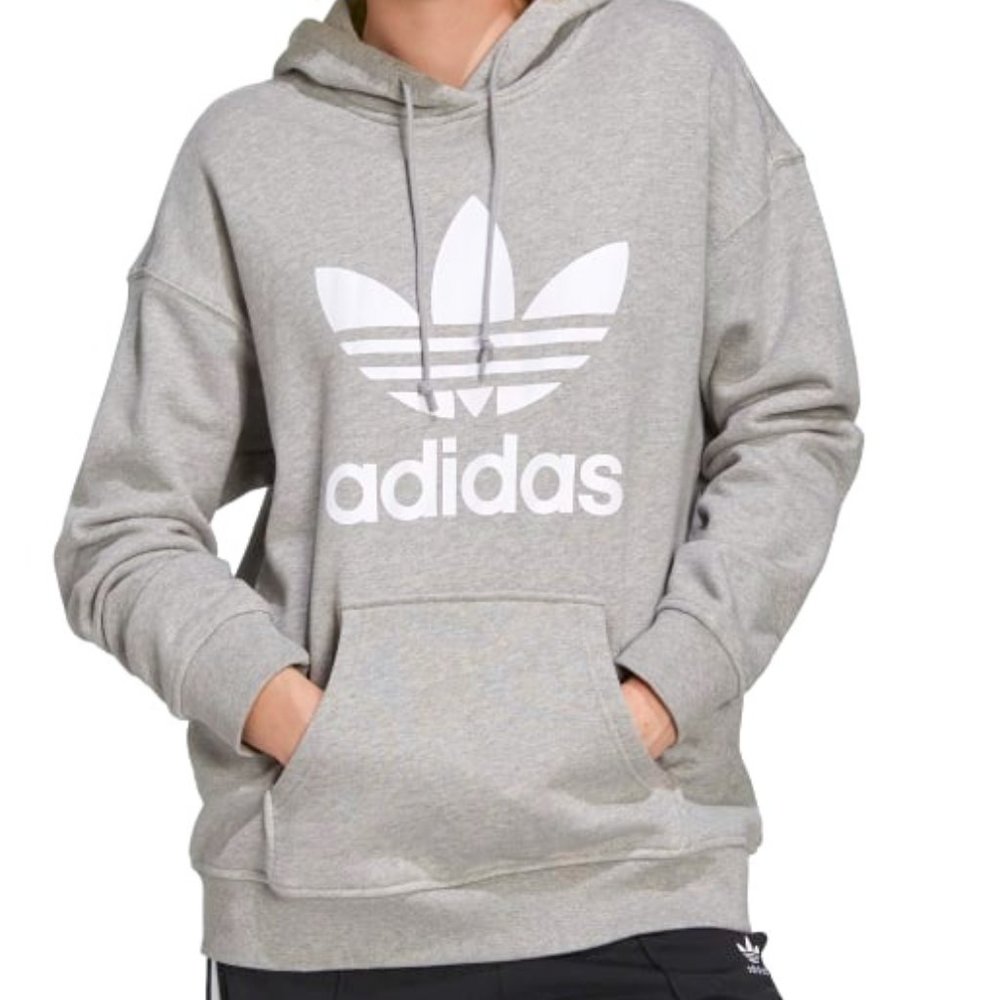 Adidas Adicolor Trefoil Drawcord-Adjustable Hoodie in Medium Grey Heather